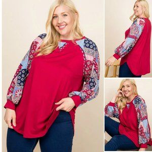 Patchwork Long Balloon Sleeve Raglan Blouse Made in USA, 1X,2X,3X Ruby Red/Multi